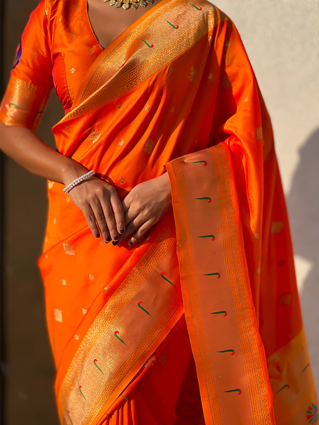 Orange Peacock Paithani Zari Woven Saree