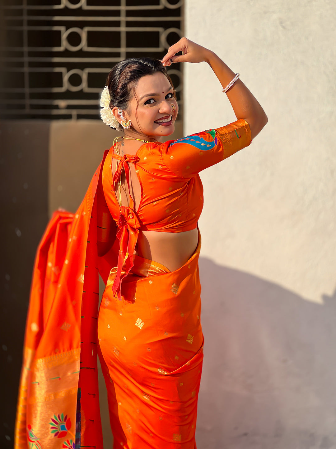 Orange Peacock Paithani Zari Woven Saree