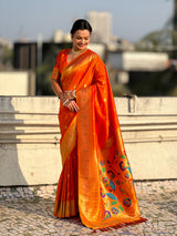 Orange Peacock Paithani Zari Woven Saree