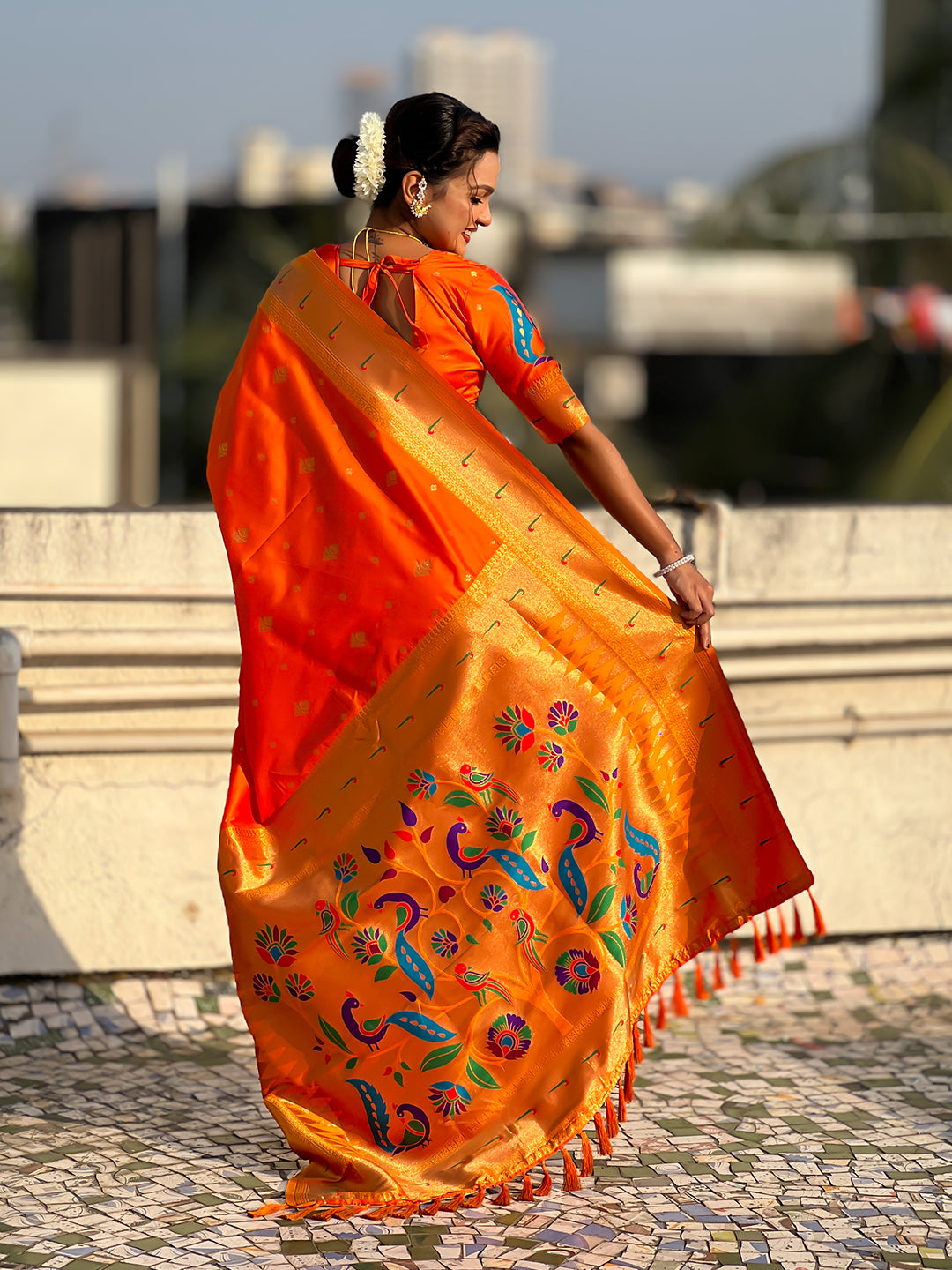 Orange Peacock Paithani Zari Woven Saree