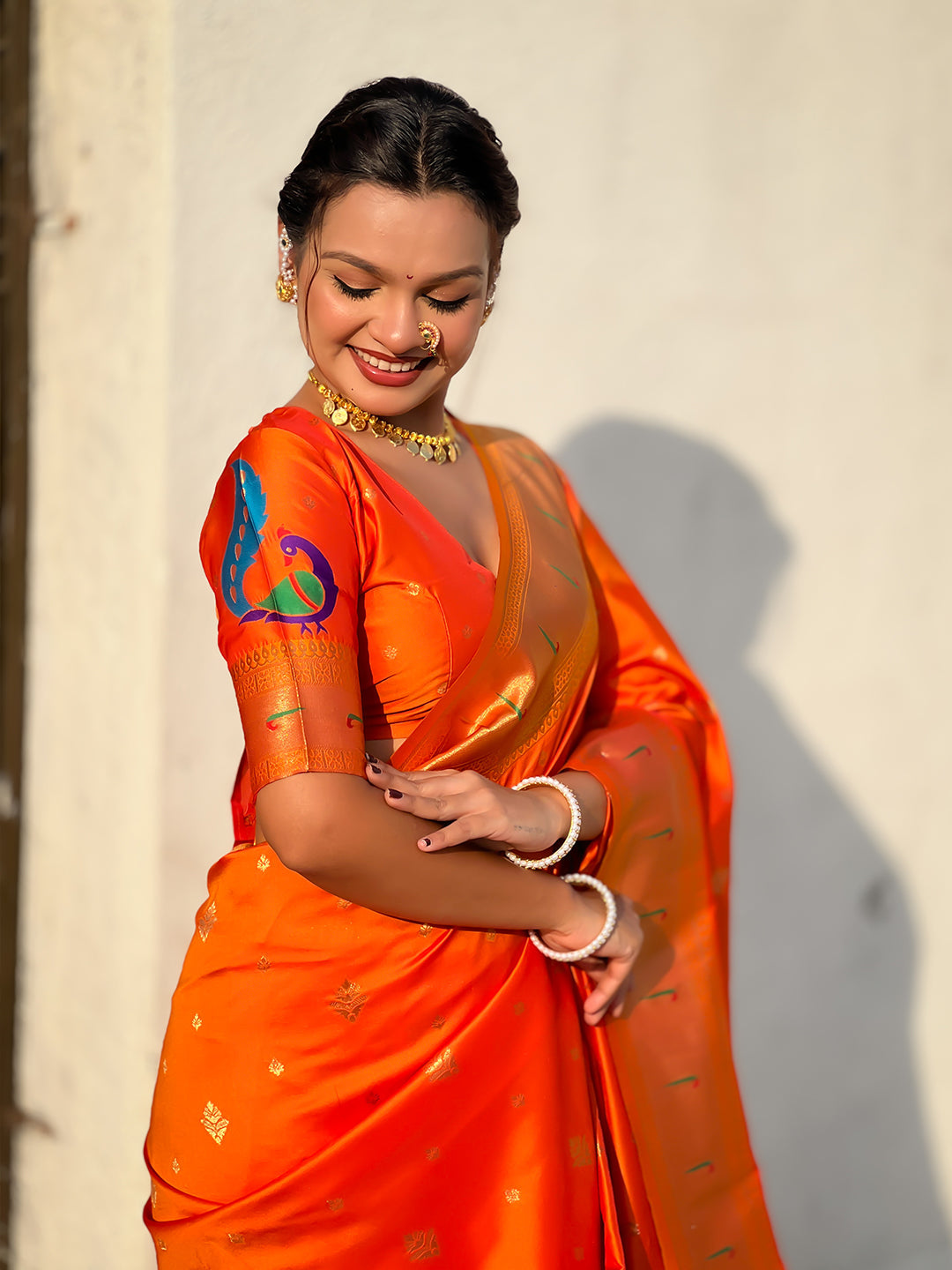 Orange Peacock Paithani Zari Woven Saree