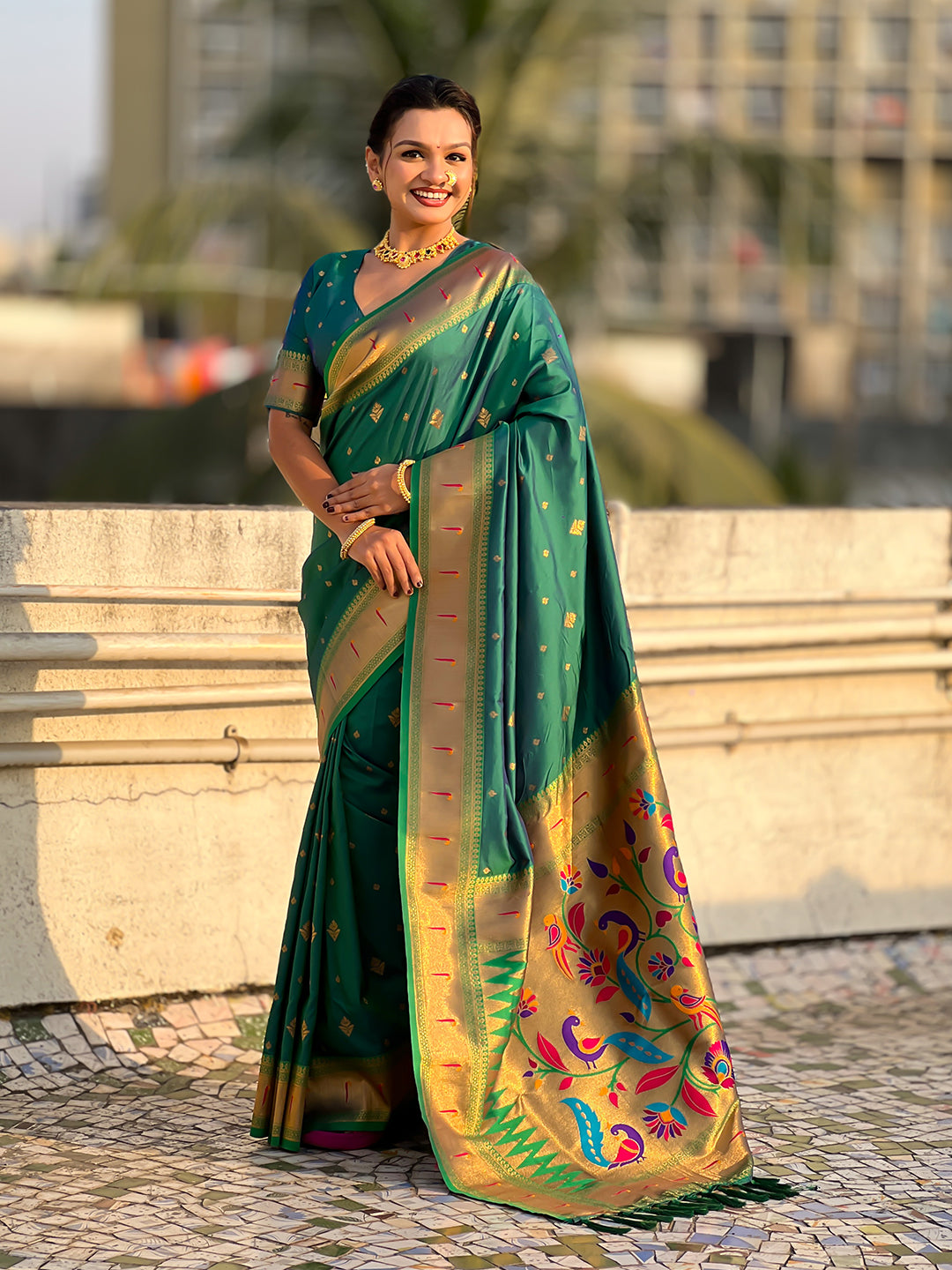 Green Peacock Paithani Zari Woven Saree