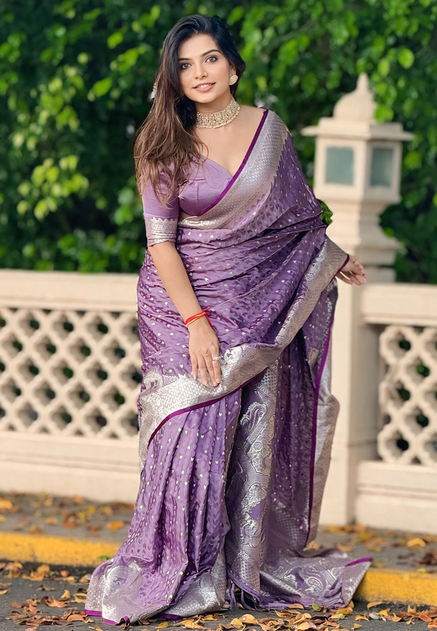Lavender banarasi satin silk zari woven saree