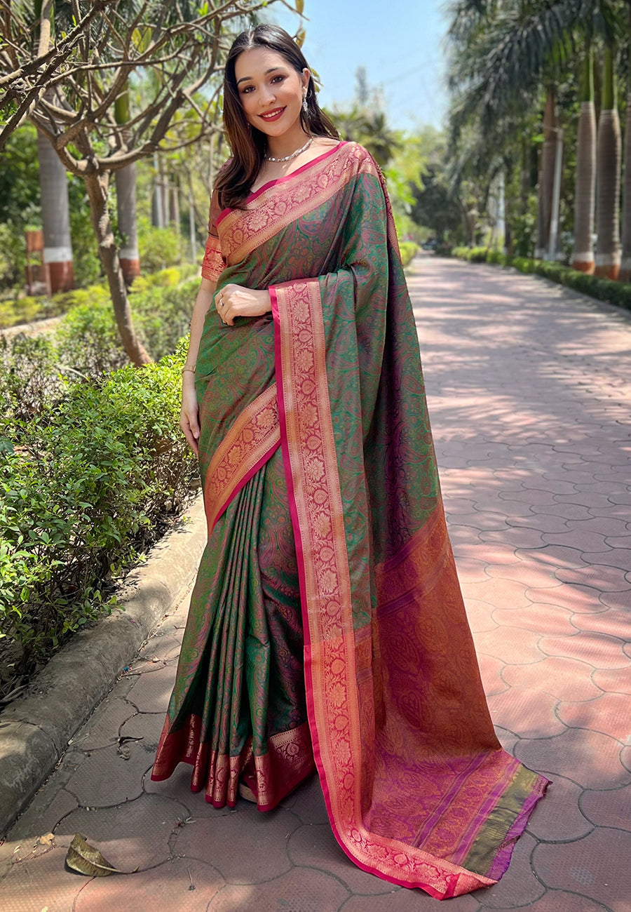 Green soft kashmiri silk zari woven contrast saree