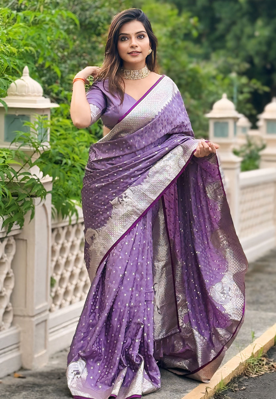 Lavender banarasi satin silk zari woven saree