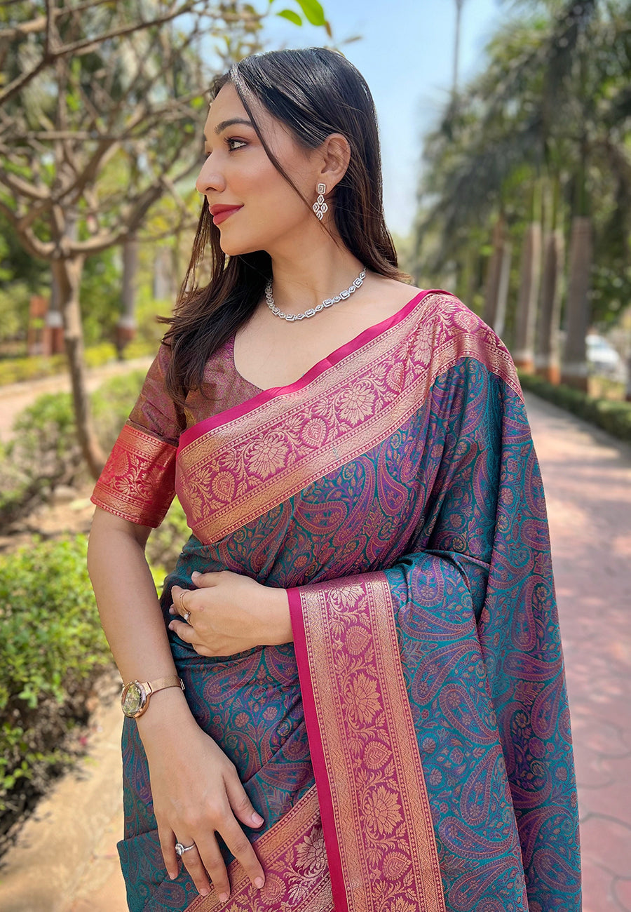 Blue soft kashmiri silk zari woven contrast saree