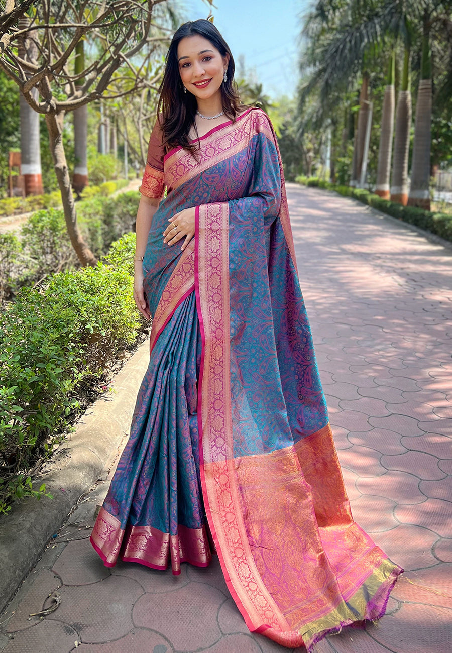 Blue soft kashmiri silk zari woven contrast saree