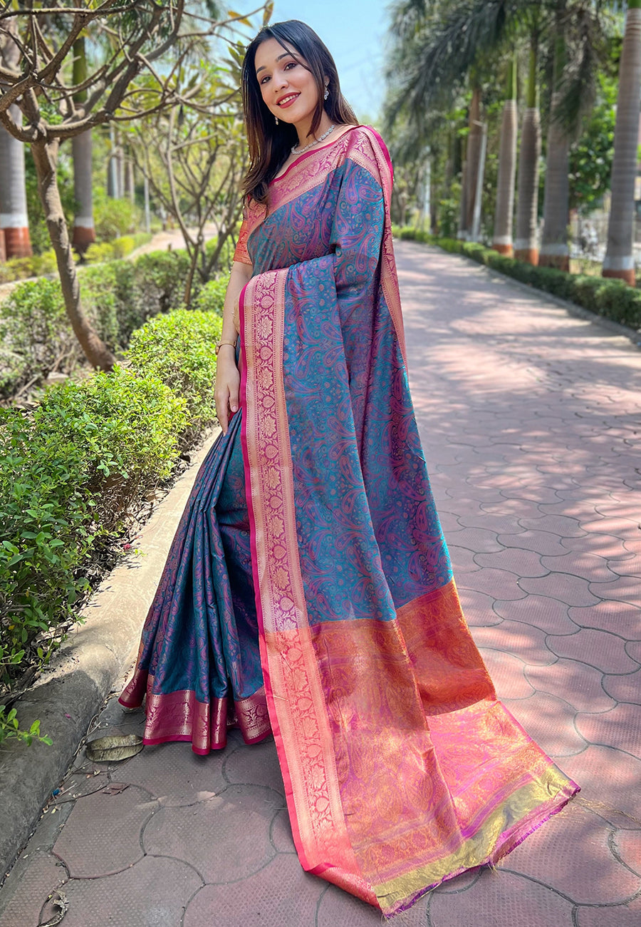 Blue soft kashmiri silk zari woven contrast saree
