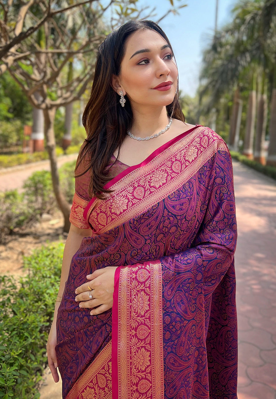 Navy blue soft kashmiri silk zari woven contrast saree