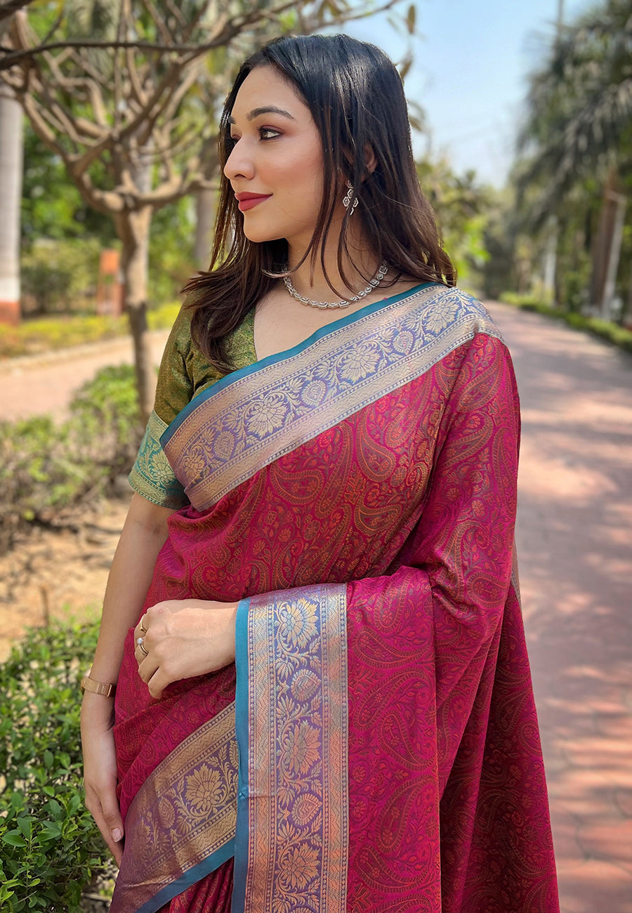 Pink soft kashmiri silk zari woven contrast saree
