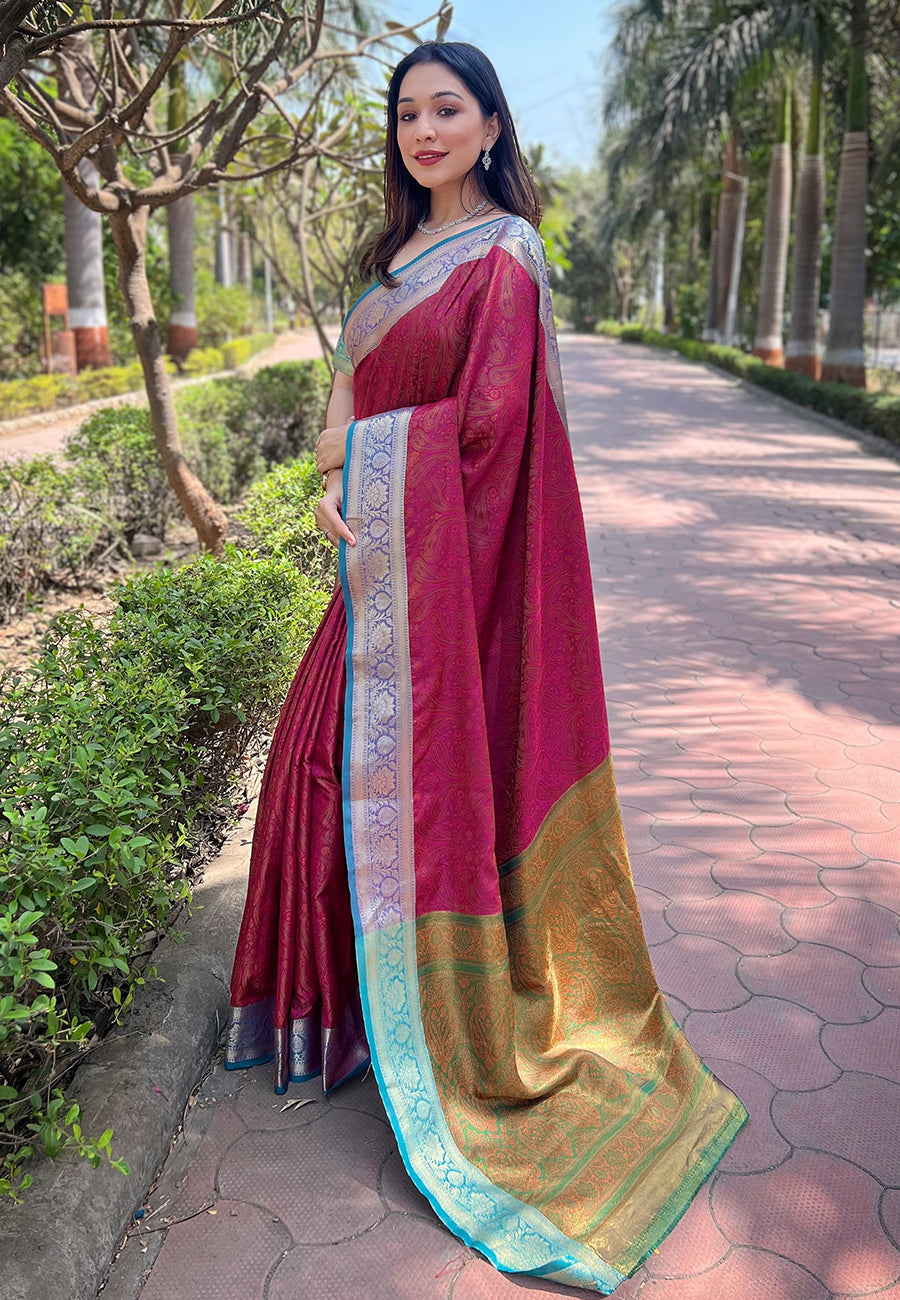 Pink soft kashmiri silk zari woven contrast saree