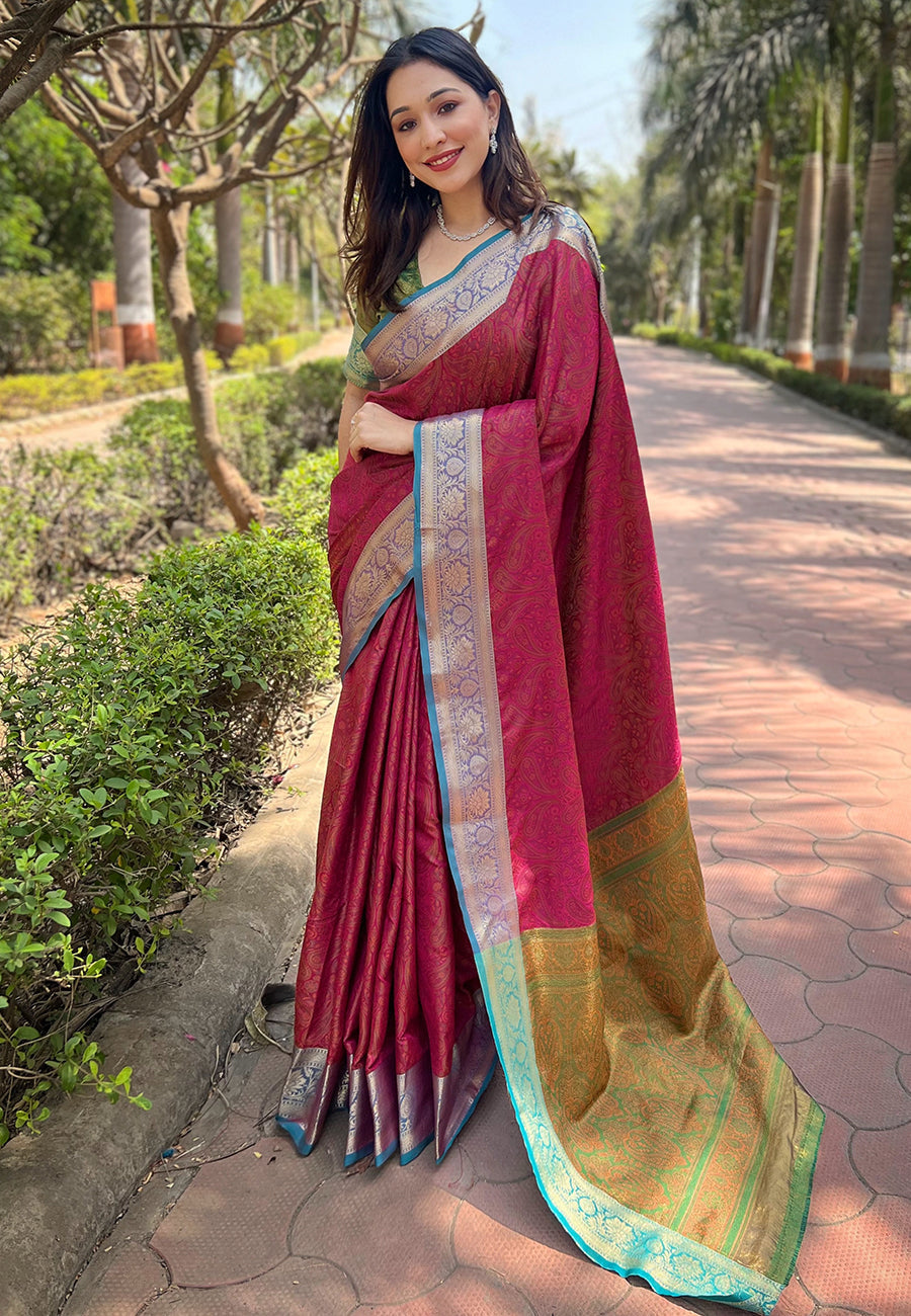 Pink soft kashmiri silk zari woven contrast saree