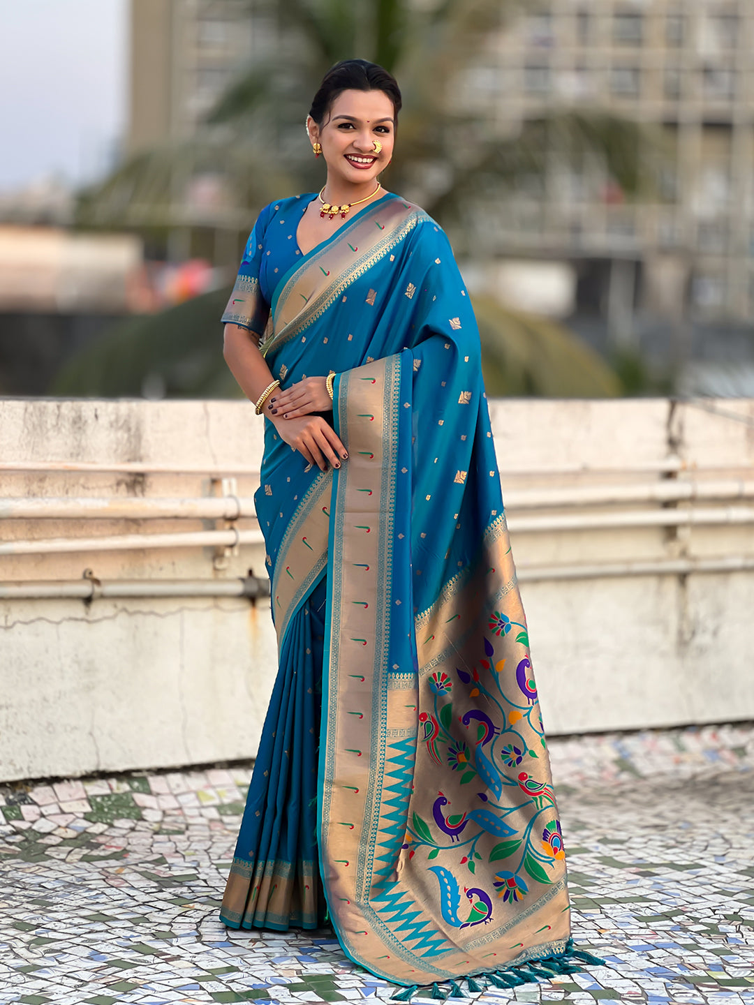 Blue Peacock Paithani Zari Woven Saree