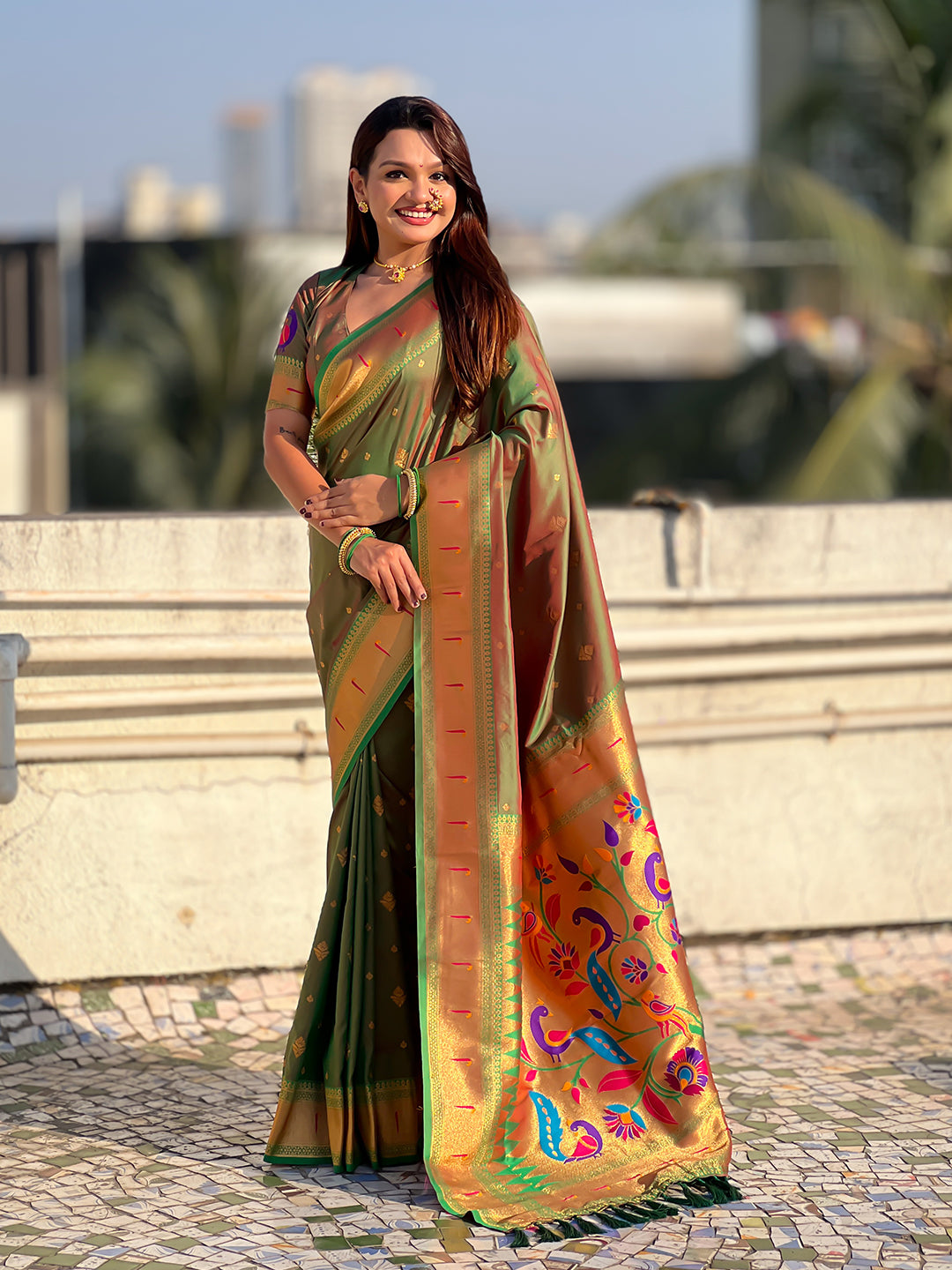 Mehendi Green Peacock Paithani Zari Woven Saree
