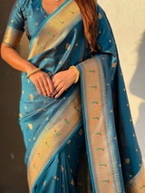 Denim Blue Peacock Paithani Zari Woven Saree