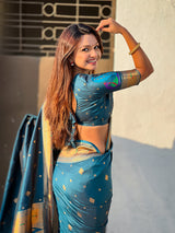 Denim Blue Peacock Paithani Zari Woven Saree