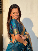 Denim Blue Peacock Paithani Zari Woven Saree