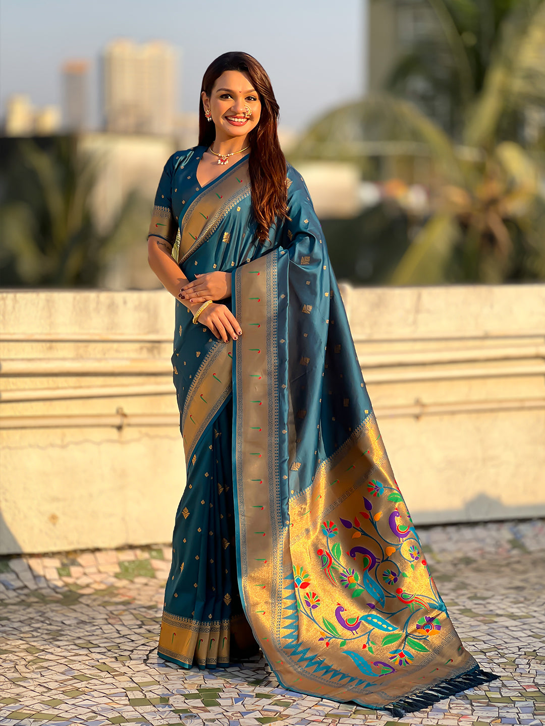 Denim Blue Peacock Paithani Zari Woven Saree
