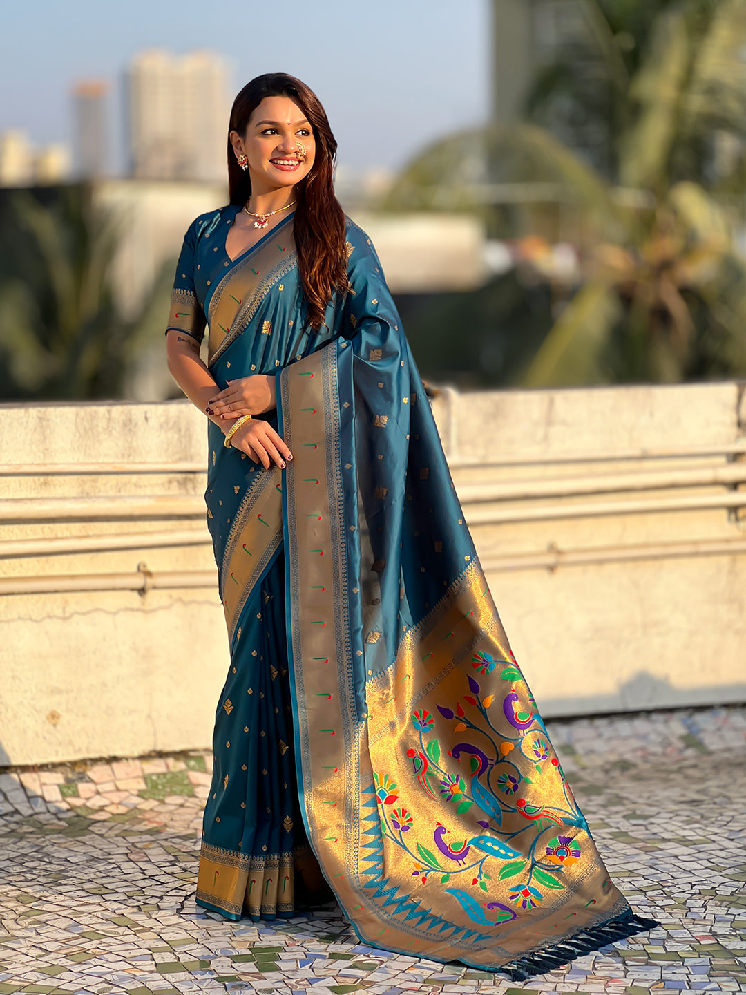 Denim Blue Peacock Paithani Zari Woven Saree