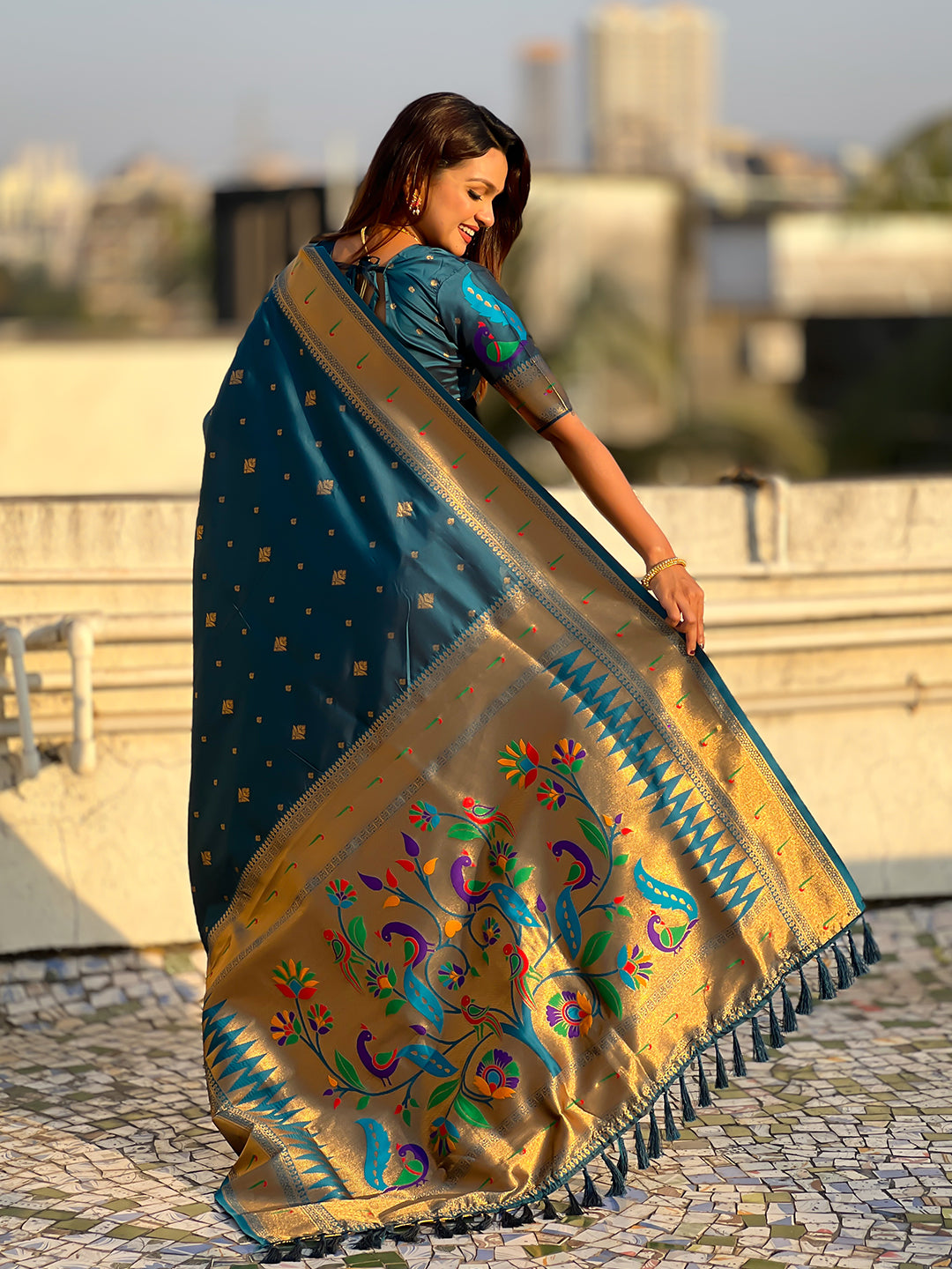 Denim Blue Peacock Paithani Zari Woven Saree