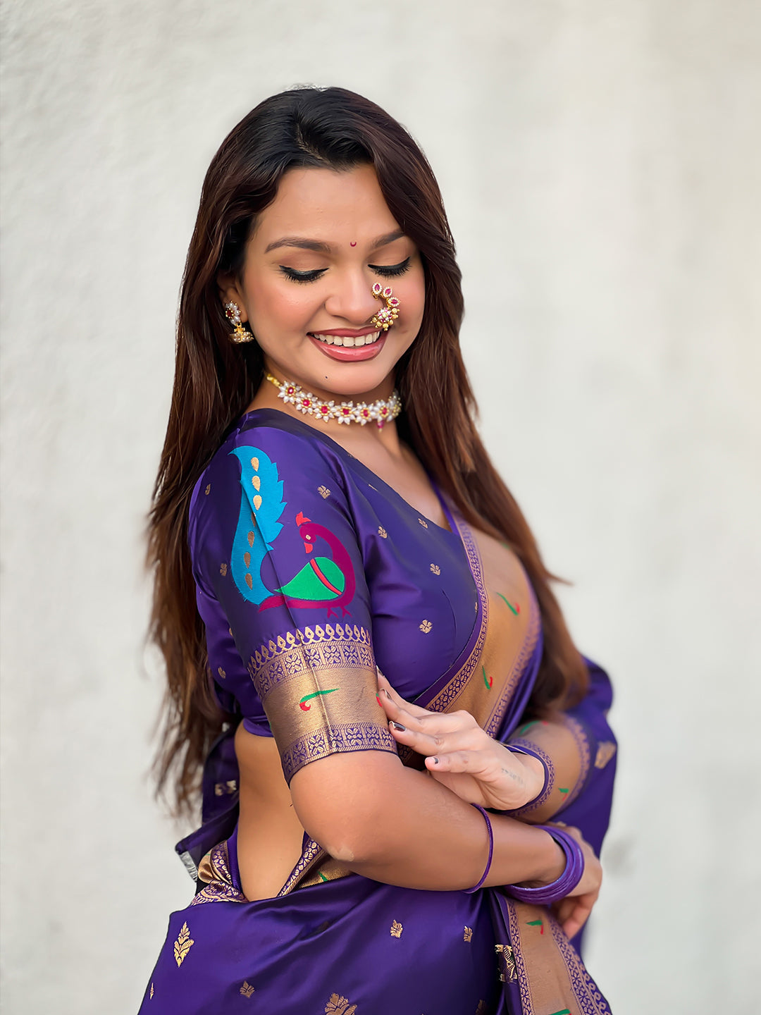 Violet peacock paithani zari woven saree