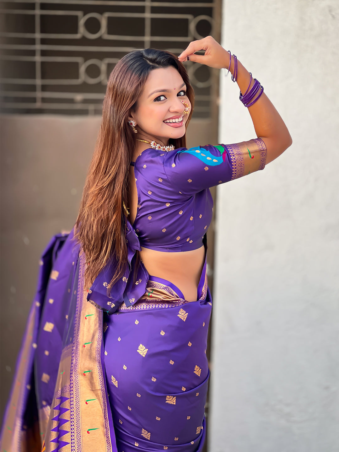 Violet peacock paithani zari woven saree