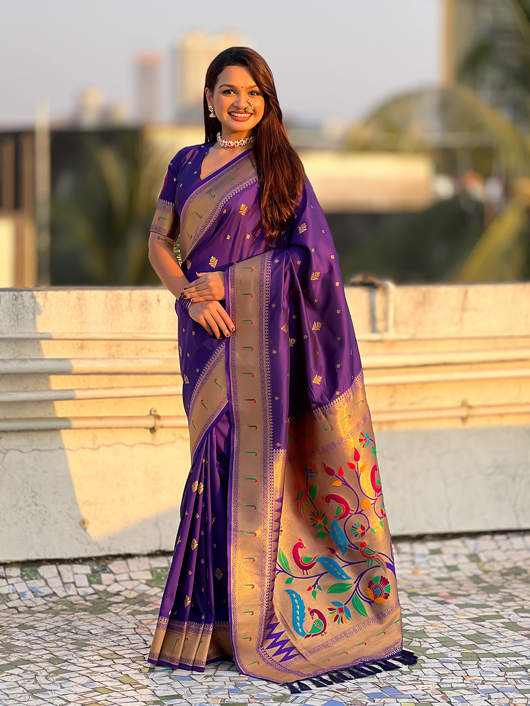 Violet peacock paithani zari woven saree