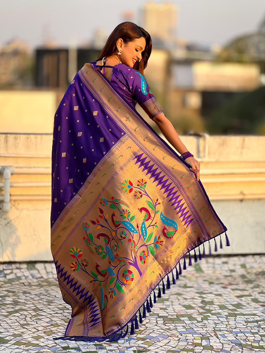 Violet peacock paithani zari woven saree
