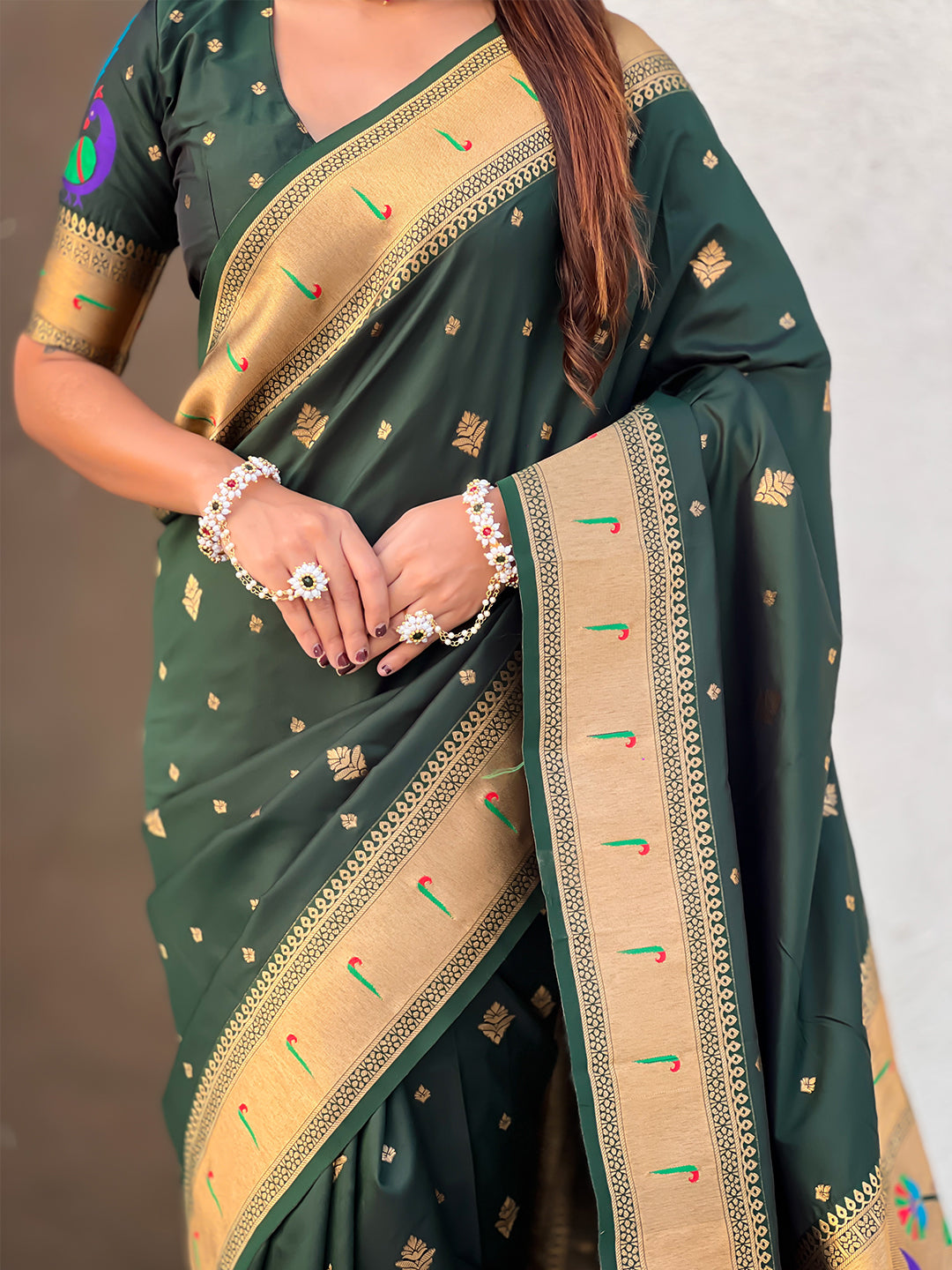 Bottle green peacock paithani zari woven saree