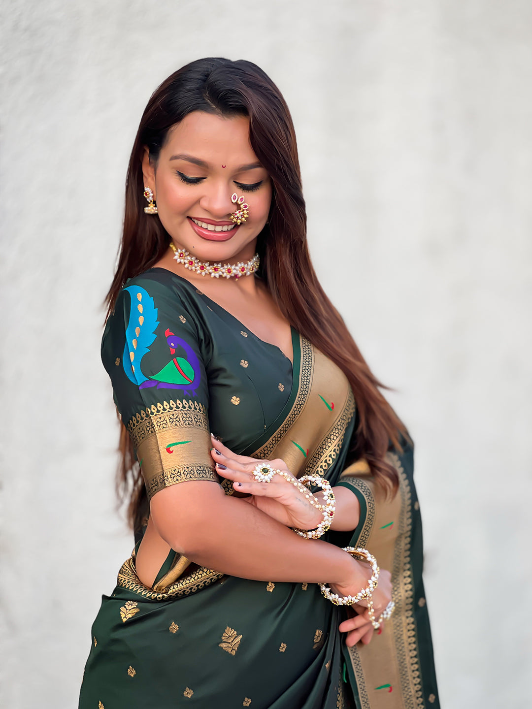 Bottle Green Peacock Paithani Zari Woven Saree
