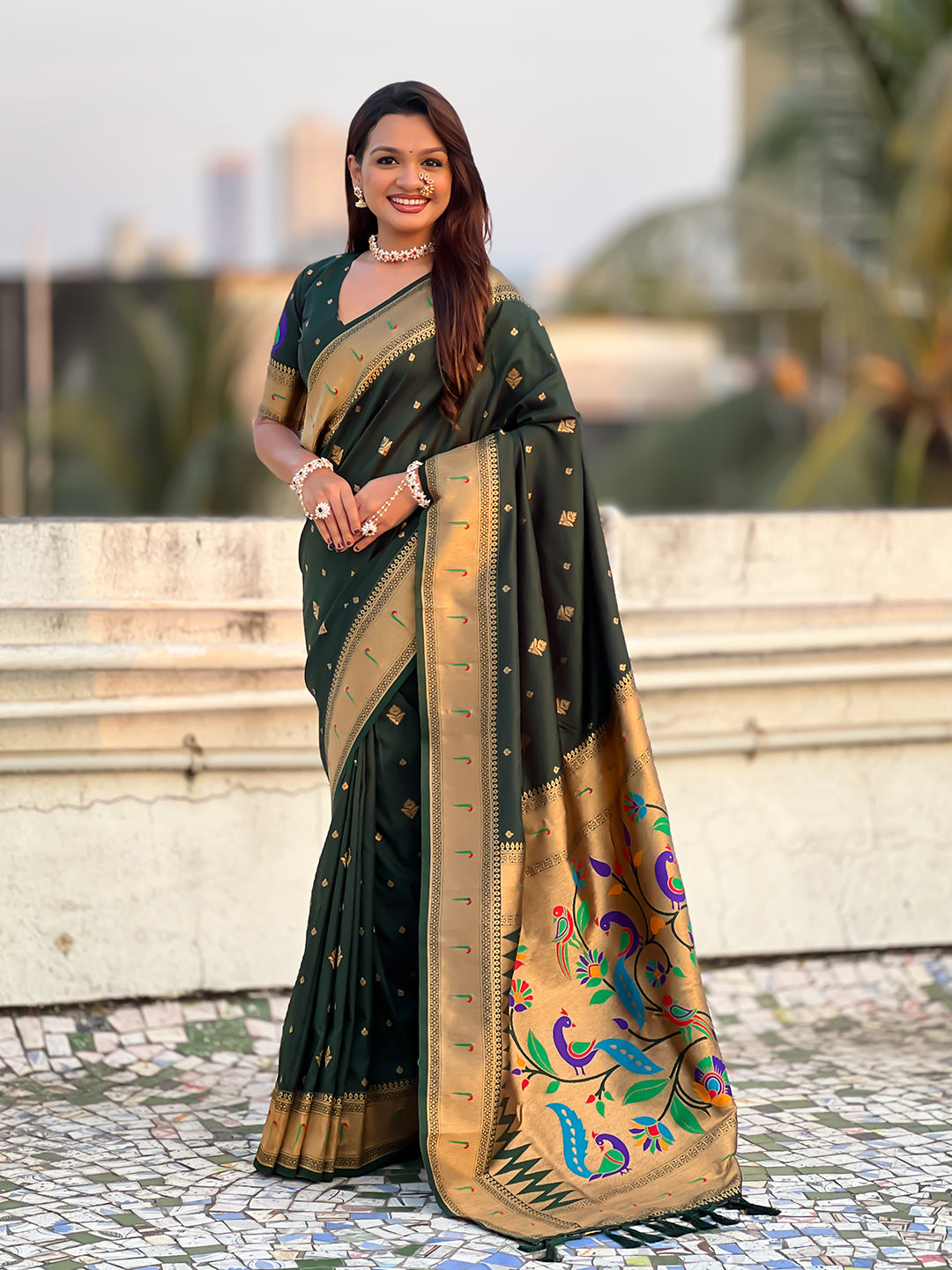 Bottle Green Peacock Paithani Zari Woven Saree