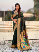 Bottle Green Peacock Paithani Zari Woven Saree