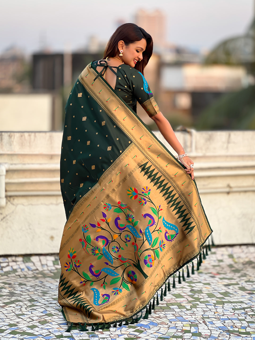 Bottle Green Peacock Paithani Zari Woven Saree