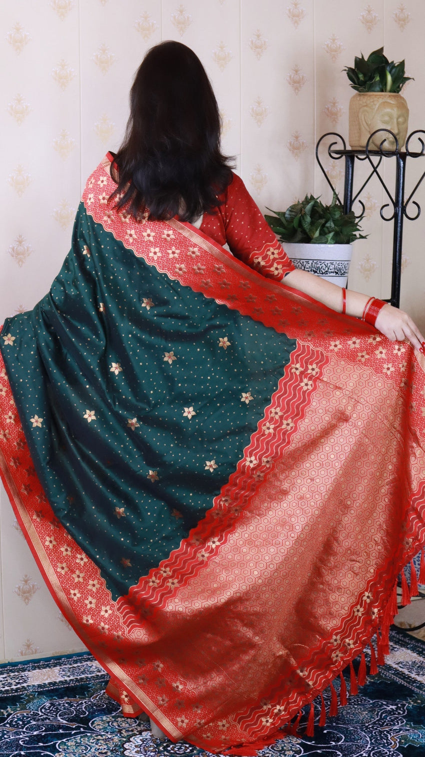 Bottle green soft silk banarasi wavy unique zari woven saree