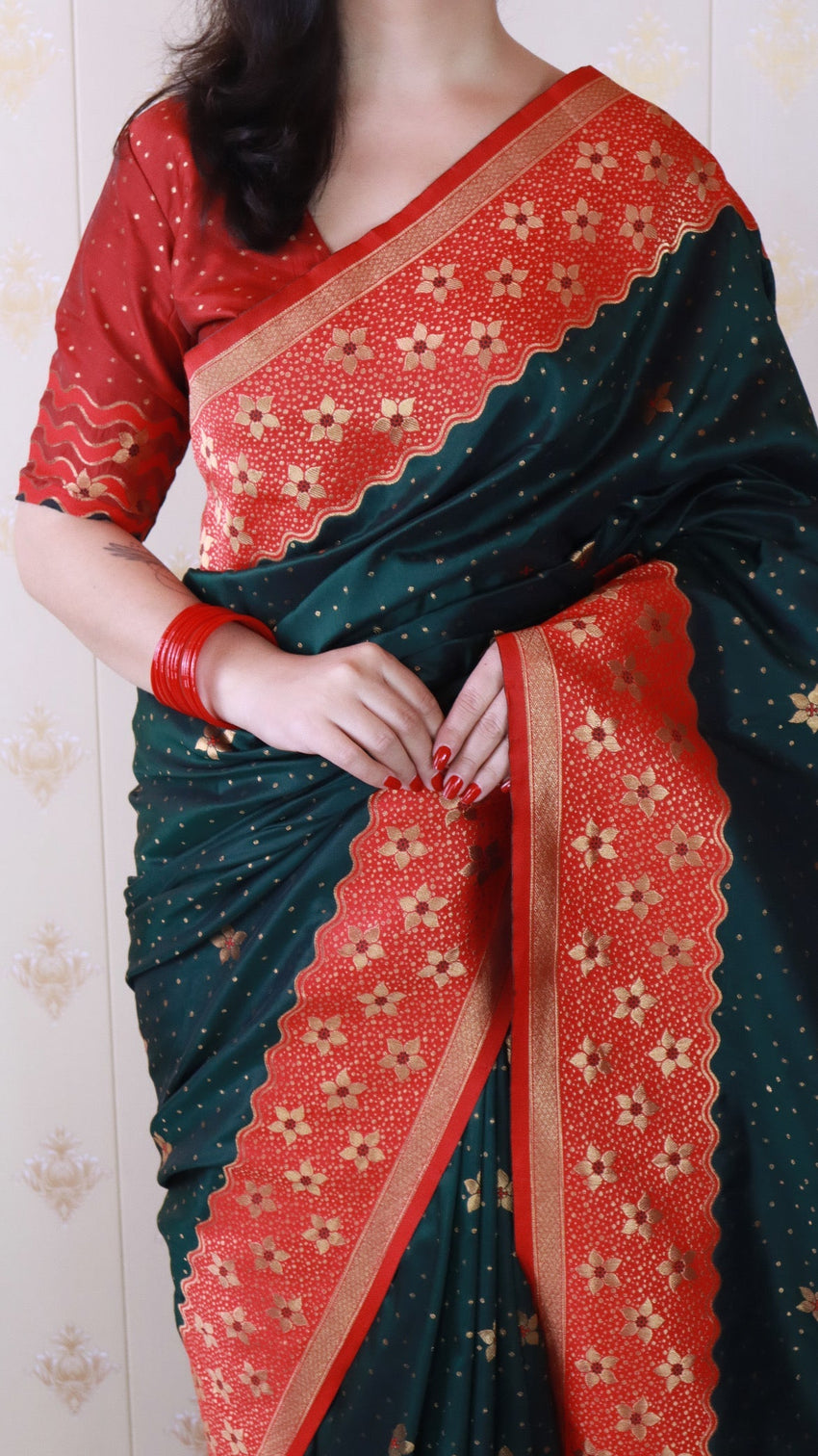 Bottle green soft silk banarasi wavy unique zari woven saree
