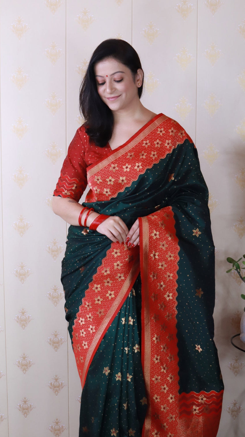 Bottle green soft silk banarasi wavy unique zari woven saree