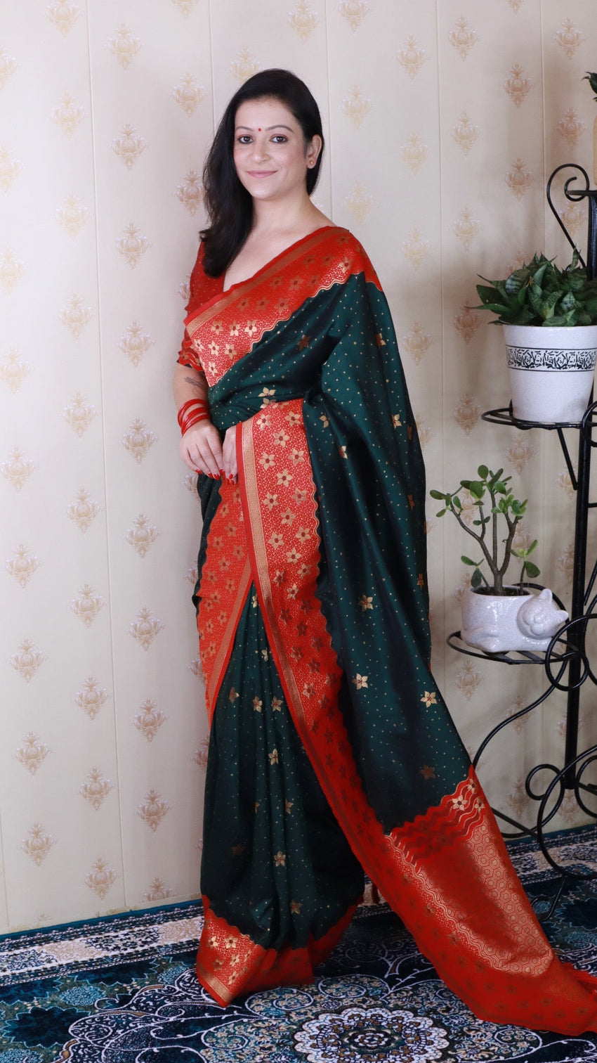 Bottle green soft silk banarasi wavy unique zari woven saree