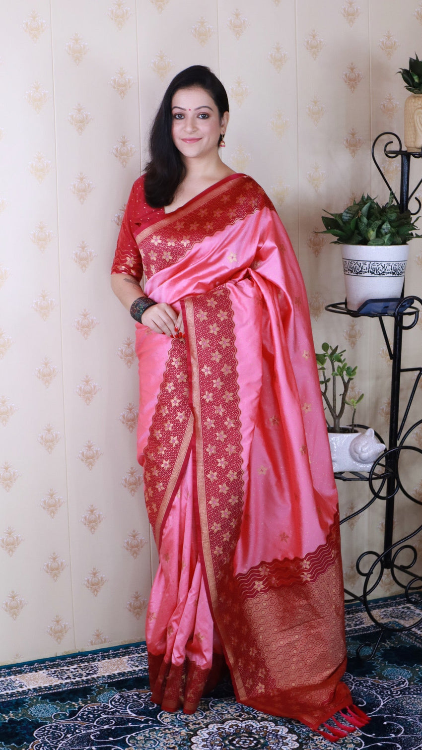Baby pink soft silk banarasi wavy unique zari woven saree