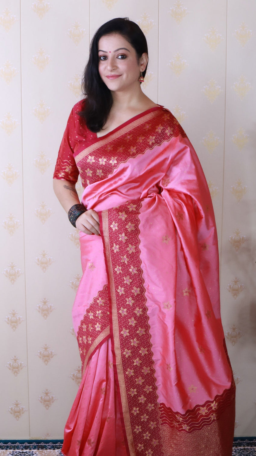 Baby pink soft silk banarasi wavy unique zari woven saree