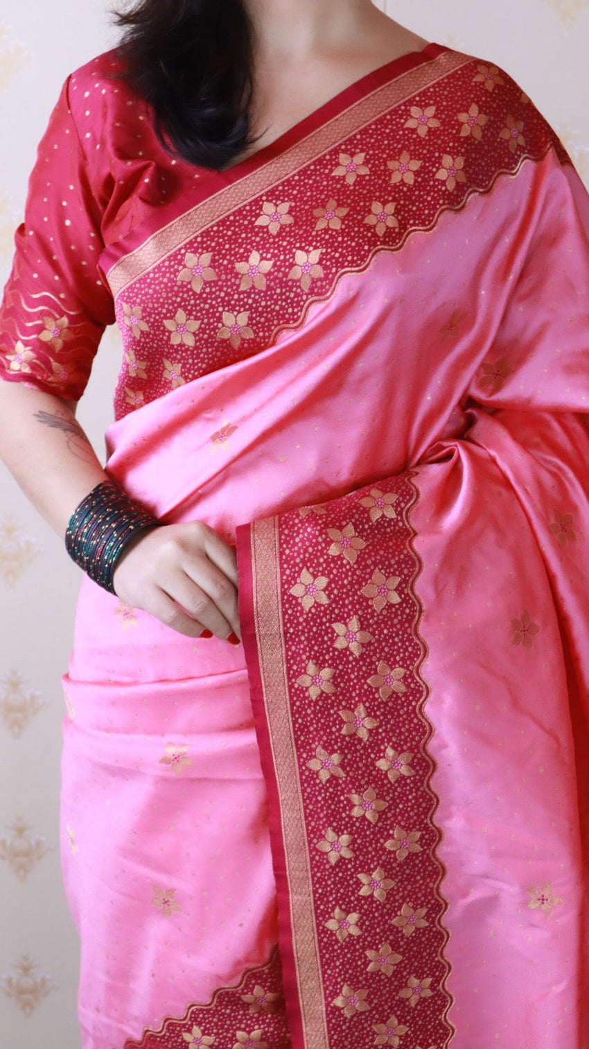 Baby pink soft silk banarasi wavy unique zari woven saree