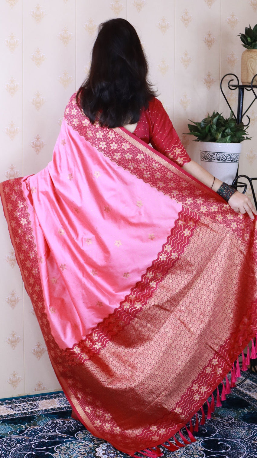 Baby pink soft silk banarasi wavy unique zari woven saree