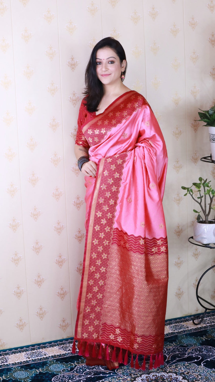 Baby pink soft silk banarasi wavy unique zari woven saree