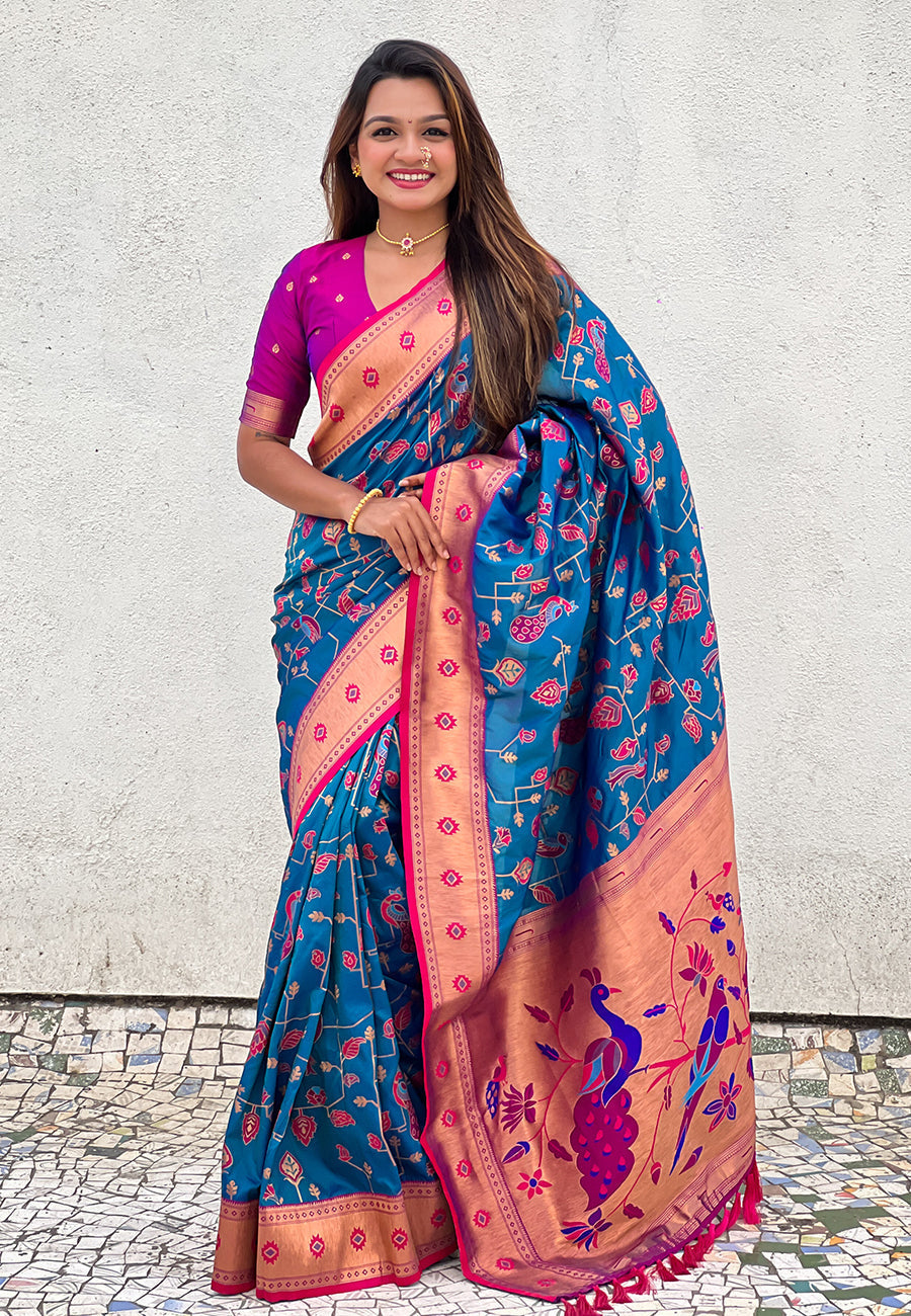 Blue paithani jaal silk zari woven saree
