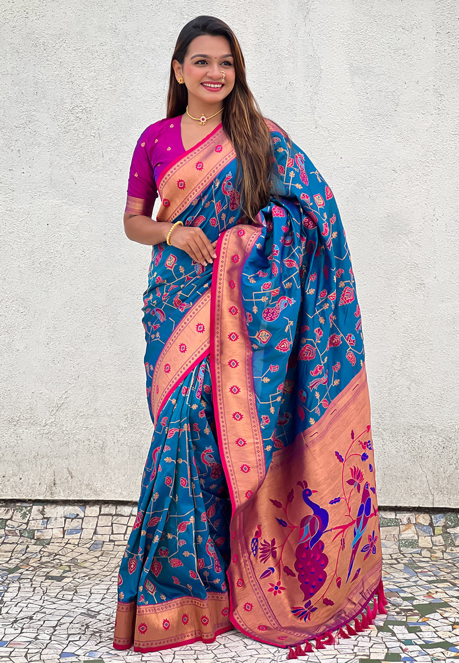 Blue paithani jaal silk zari woven saree