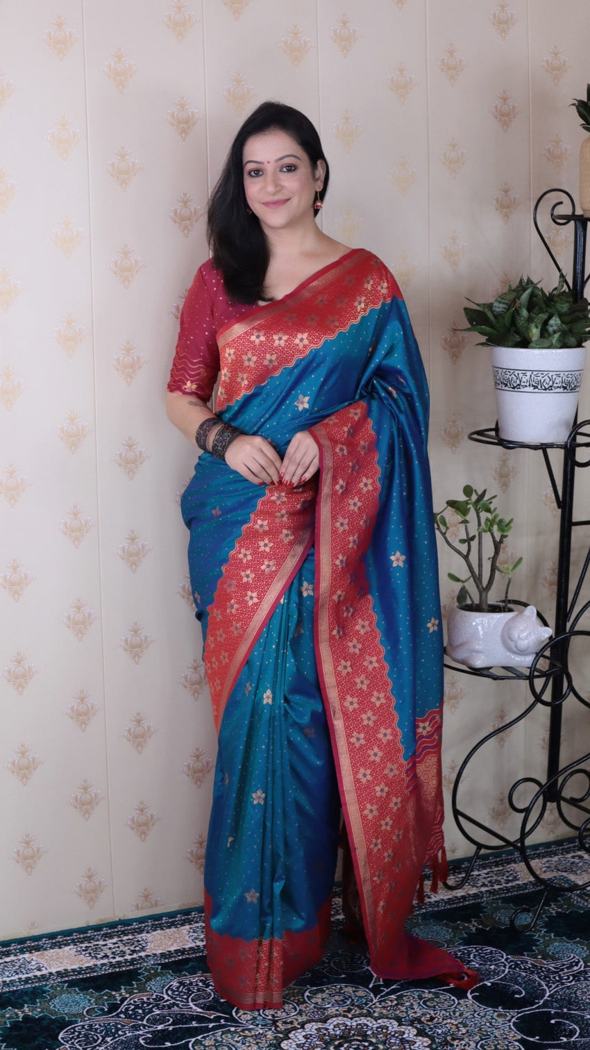 Blue soft silk banarasi wavy unique zari woven saree
