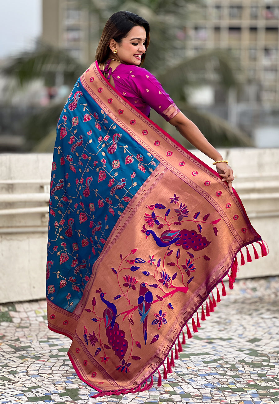 Blue paithani jaal silk zari woven saree