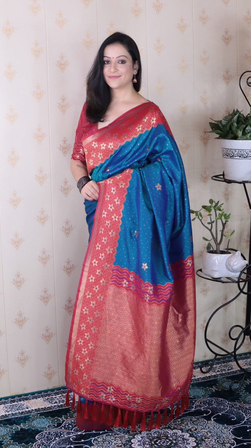 Blue soft silk banarasi wavy unique zari woven saree