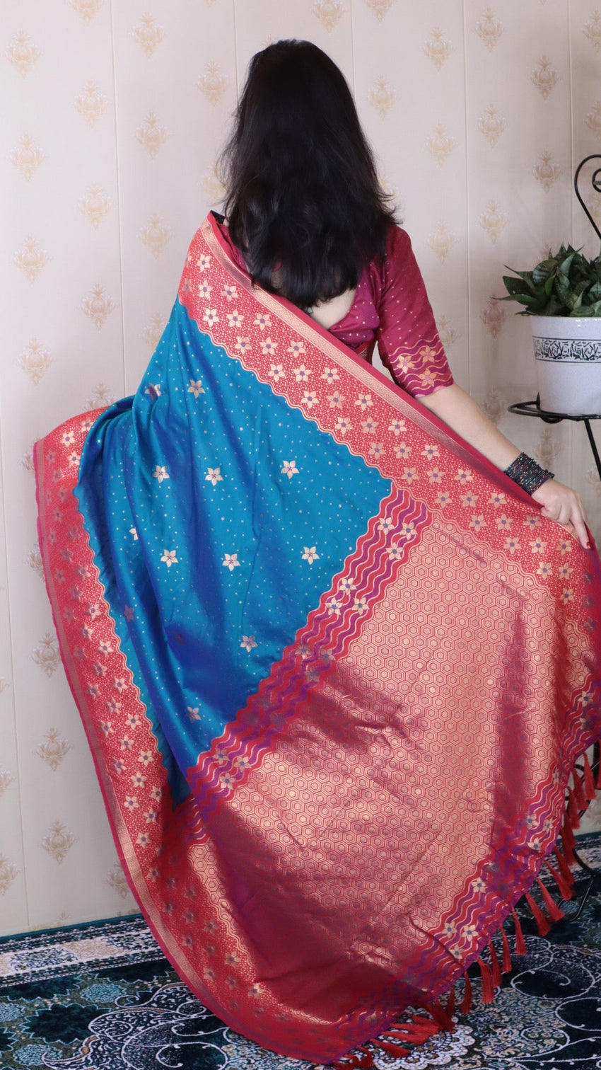 Blue soft silk banarasi wavy unique zari woven saree