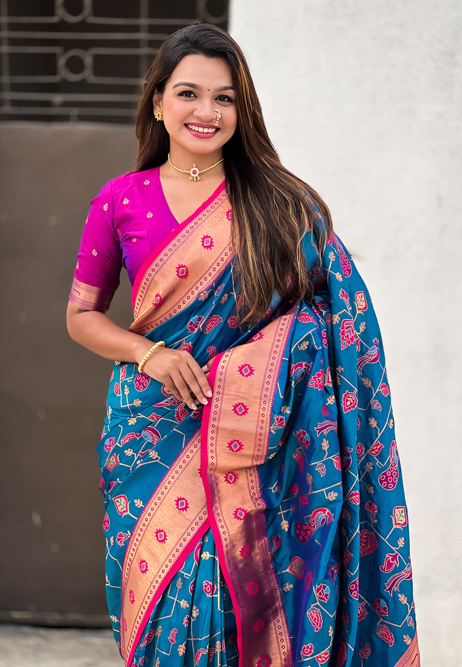 Blue paithani jaal silk zari woven saree