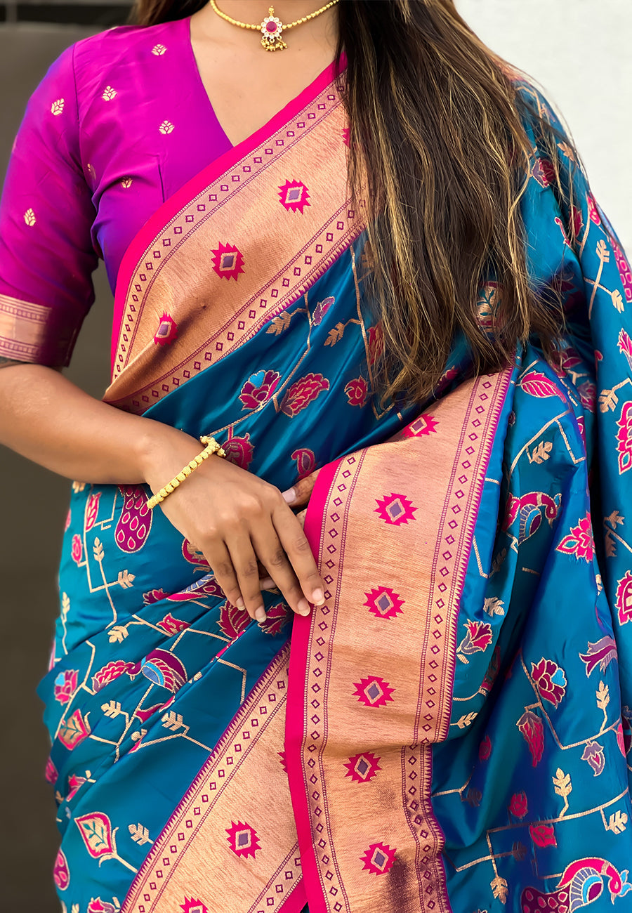 Blue paithani jaal silk zari woven saree